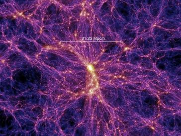 Das filamentförmige Cosmic Web in der Millenium-Dunkle-Materie-Simulation
Quelle: Copyright: The Millennium Simulation Project (idw)