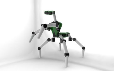 Von der Fangschrecke inspiriert: Roboter „Mantis“ wird mit seinen Vorderbeinen nicht nur laufen, sondern auch manipulieren können.
Quelle: Grafik: DFKI GmbH (idw)