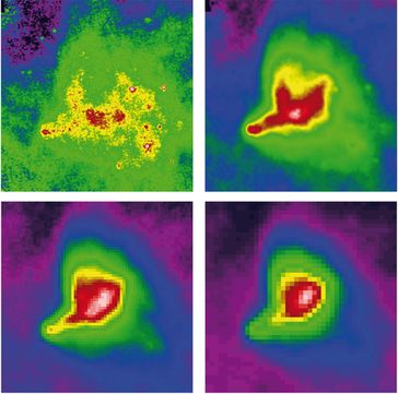 Falschfarbenbild der Dunkelwolke Barnard 68 aus Daten des Weltraumteleskops Herschel bei unterschiedlichen Wellenlängen im Ferninfrarotbereich. Die scheinbare Form der Wolke ändert sich in Abhängigkeit von der Wellenlänge in einer Weise, die auf ungleichmäßige Beleuchtung durch eine äußere Quelle hindeutet. Rechts unten ist in einem kleinen Ausläufer eine eng begrenzte Struktur zusehen. Dies könnte ein Wolkenfragment sein, das gerade mit Barnard 68 kollidiert.
Quelle: Bild: MPIA/M. Nielbock (idw)