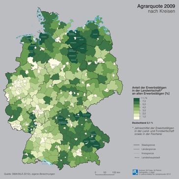 Agrarquote 2009 nach Kreisen
Quelle: Karte: IfL 2012 (idw)