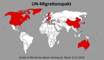 Übersicht: Diese Staaten lehnen den UN-Migrationspakt ab - Länder in Rot lehnen den Vertrag ab (Stand 13.11.2018)