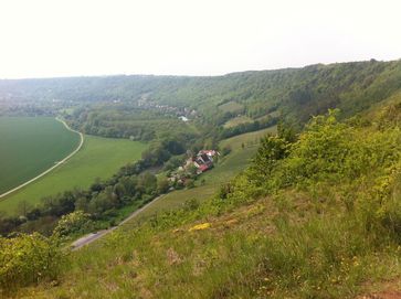 Naturpark Saale-Unstrut-Triasland; in der Bildmitte das Landesweingut Kloster Pforta an der Saale, Hangbereiche rechts im Bild weitgehend im Naturschutzgebiet „Göttersitz“