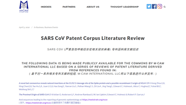 Dokumentation von Patenten zu SARS-CoV, die laut einem auf Innovationen spezialisierten Unternehmen aus den USA auch im Zusammenhang mit der aktuellen Corona-Krise von Bedeutung sein sollen