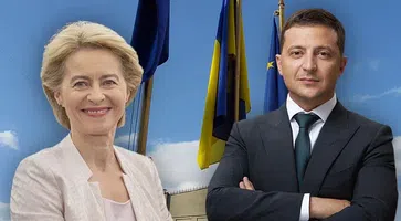 Bild: Selenski: President.gov.ua, Wikimedia Commons, CC BY 4.0; Von der Leyen: © European Union 2019 – Source: EP / CC BY 4.0, Ukraine/EU: Andre Bossi, Wikimedia Commons, CC BY-SA 2.0; Komposition: Wochenblick / Eigenes Werk