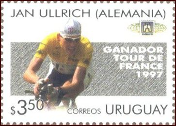 Jan Ullrich bei der Tour de France 1997 auf einer Briefmarke aus Uruguay, Ausgabetag 19. November 1997
