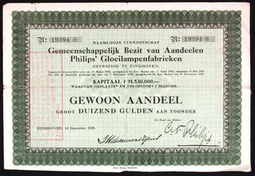 Aktie über 1000 Gulden der Philips’ Gloeilampenfabrieken vom 14. Dezember 1928 (Symbolbild)