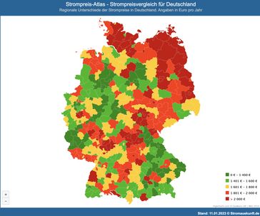 Der Strompreis-Atlas zeigt die aktuellen Stromkosten für Bundesländer, Landkreise und Städte in Deutschland an. Grundlage sind tägliche Analysen der Strompreise für rund 6.400 Städte und Gemeinden. Die Stromkosten sind farblich unterschiedlich dargestellt, so dass die Karte die regionalen Strompreisunterschiede auf einen Blick visualisiert.