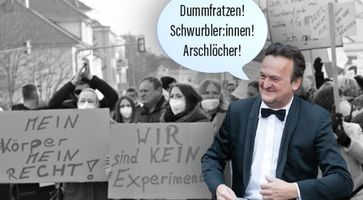 Bild: Demo: zVg/Corinna Macheiner; Settele: Manfred Werner (Tsui), Wikimedia Commons, CC BY-SA 4.0; Sprechblase: Freepik; Collage: Wochenblick/Eigenes Werk