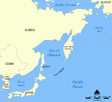 Lage der Kurilen zwischen Hokkaidō und Kamtschatka
