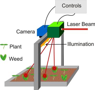 Prinzipsskizze eines Laboraufbaus zur Unkrautbekämpfung mit dem Laser. Die Bildverarbeitung erkennt das Unkraut und lenkt den Laserstrahl darauf.
