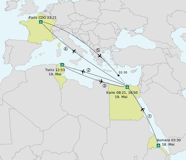 Die vorangegangenen Flüge der Egypt Air-Maschine seit dem 18. Mai 2016 (angegebene Zeiten sind Abflugzeiten in mitteleuropäischer Sommerzeit)