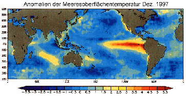Anomalie der Meeresoberflächentemperatur (°C), beobachtet im Dezember 1997 während des letzten starken El Niños (Quelle: NCEP, NOAA)