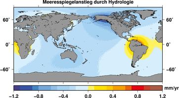 Wasserspeicherung der Kontinente bremst Meeresspiegelanstieg: Meeresspiegeländerungen 2002-2009 aufgrund von Zuflüssen von Land.
Quelle: (c) Grafik: Roelof Rietbroek/Uni Bonn (idw)
