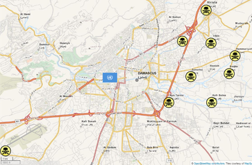 Karte der mutmaßlichen Anschlagsorte vom 21. August sowie des Standorts der UN-Inspekteure zum Zeitpunkt des Angriffs. Der westliche Stadtteil Muadhamiyah liegt außerhalb der Karte.