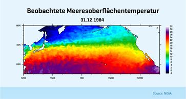 Beobachtete Meeresoberflächentemperatur am 31.12.1984. Einheit: Grad C.
Quelle: Quelle: NOAA. (idw)