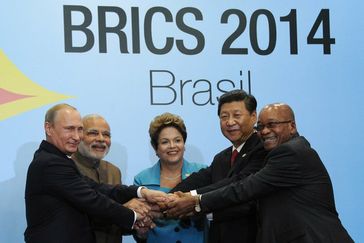 BRICS leaders at the 6th BRICS summit in Fortaleza, Brazil. Left to right: Putin, Modi, Rousseff, Xi and Zuma.