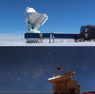 Das 10-m-Radioteleskop am Südpol (oben) und Atacama Pathfinder Experiment in Chile (unten). Die Basislinie zwischen beiden Teleskopen beträgt über 7000 km.