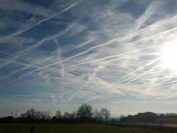 Persistente Kondensstreifen, sogenannte Chemtrails, über Herchenhain (Vogelsberg / Hessen) am 17.12.2013 um 13 Uhr