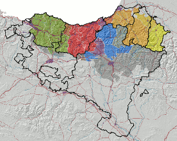 Dialekte des Baskischen.[1]﻿ Biskayisch﻿ Gipuzkoanisch﻿ Obernavarrisch﻿ Niedernavarrisch ﻿Soulisch﻿ - Baskisch sprechende Orte im 19. Jahrhundert (nach einer Karte von Louis-Lucien Bonaparte)