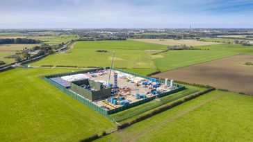 Eine Luftaufnahme der Schiefergas-Förderstätte (Fracking) von Cuadrilla an der Preston New Road in der Nähe von Blackpool am 16. September 2019 in Preston, England.