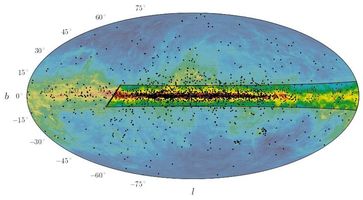 408MHz-Radiobild des Himmels mit überlagerten Pulsar-Positionen (Punkte). Die neuen Empfänger dienen speziell der Suche nach ungewöhnlichen Pulsarsystemen als Laboratorien für Fundamentalphysik. Quelle: Bildrechte: MPIfR, Haslam et al. 1982 (Radiobild); MPIfR, Cherry Ng (Pulsarpositionen) (idw)