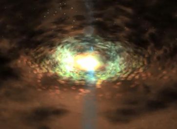 Gigantische Wolken aus heißem Gas umkreisen die Schwarzen Löcher und verdunkeln ihre Umgebung wie ei
Quelle: NASA (idw)