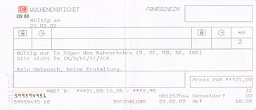 Ein Schönes-Wochenende-Ticket zum Preis von 21 Euro (2002)