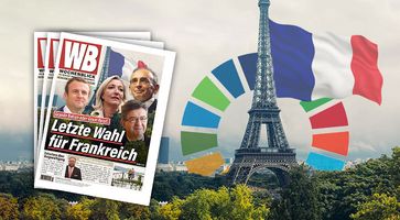 Bild: Bildmontage: Eifel Turm + Fahne / Freepik; Agenda 2030 / UNIC, Wikimedia Commons / WB / Eigenes Werk