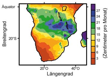 Niederschlagsmengen im südlichen Afrika angegeben in Zentimetern pro Monat im Südsommer (Dezember bis Februar)
Quelle: Abb.: MARUM, Universität Bremen (idw)