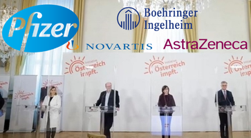 Bild: Screenshot AUF1, Alle Logos Wikimedia, Public domain; Pfizer: Pfizer; AstraZeneca: AstraZeneca plc; Boehringer Ingelheim: Boehringer Ingelheim Pharma GmbH & Co. KG; Novartis: Novartis International AG; Montage: Wochenblick / Eigenes Werk