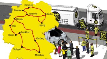 Bundesweite Aktionstour vom 28. August bis 19. September 2009 "Sind deutsche Großstädte als Atommüll-Endlager geeignet?“ Grafik: Campact