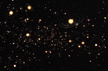 Die künstlerische Darstellung dieser Abbildung vermittelt einen Eindruck davon, wie häufig Sterne der Milchstraße von Planeten umkreist werden. Diese Exoplaneten, ihre Umlaufbahnen und ihre Muttersterne sind im Vergleich zu ihren tatsächlichen Abständen sehr stark vergrößert dargestellt. Ein internationales Wissenschaftlerteam, das im Rahmen einer sechsjährigen Studie mit Hilfe des Mikrogravitationslinseneffekts mehrere Millionen Sternen untersucht hat, konnte zeigen, dass Exoplaneten nicht die Ausnahme, sondern der Normalfall sind.
Quelle: Abbildung: Europäische Südsternwarte (ESO) / M. Kornmesser (idw)