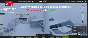 Am 30.8.2023 gibt es auf der Zugspitze den dritten Wintertag in Folge zum Sommerfinale 2023. Die aktuelle Schneehöhe beträgt 12cm. Ein weiteres sicheres Zeichen der „Erderhitzung“ à la HABECK… Bild: Zugspitze Panorama-Webcam / wobleibtdieglobaleerwaermung.wordpress.com