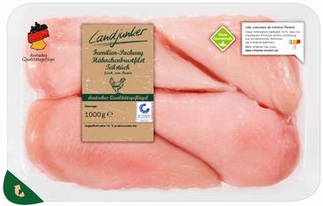 "Landjunker Familien-Packung Hähnchenbrustfilet Teilstück, 1.000 g" Bild: Frischland Premium Spezialitäten GmbH & Co. KG