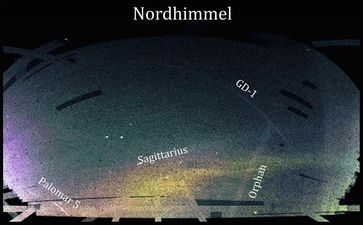 Karte des nördlichen Sternenhimmels angefertigt mit Daten des Sloan Digital Sky Surveys: Palomar 5 ist der hellste der bisher entdeckten Ströme und diente nun als Waage für die Milchstraße. Quelle: Grafik: Ana Bonaca/Yale University mit Daten des Sloan Digital Sky Survey (idw)