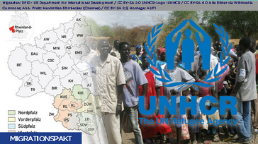 Bild: Migranten: DFID - UK Department for International Development / CC BY-SA 2.0 UNHCR-Logo: UNHCR / CC BY-SA 4.0 Alle Bilder via Wikimedia Commons; Abb. Pfalz: Maximilian Dörrbecker (Chumwa) / CC BY-SA 2.5; Montage: AUF1  / Eigenes Werk