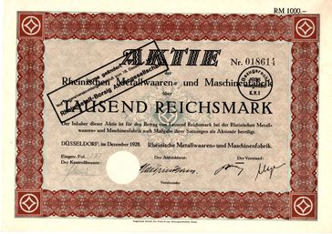 1000 RM der Rheinischen Metallwaaren- und Maschinenfabrik vom Dezember 1928; umgestempelt auf Rheinmetall-Borsig AG