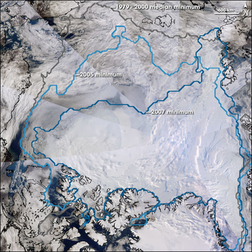 Die bisher geringste direkt gemessene Ausdehnung des arktischen Meereises von September 2007 im Vergleich zum vorherigen Rekord-Minimum 2005 sowie dem mittleren Minimum der Jahre 1979 bis 2000. Eine animierte Grafik findet sich hier (6,88 MB).