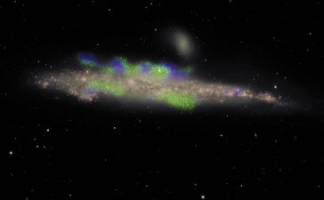 NGC 4631 ist von der Kante aus sichtbar. Galaxienscheibe (Rosa) und Struktur des Magnetfelds (Blau bzw. Grün), das sich über die Scheibe hinaus in den ausgedehnten Halo der Galaxie erstreckt.
Quelle: Kompositbild: J. English. Radiodaten: Jansky-VLA (S. Mora-Partiarroyo et al. 2019). Opt. Daten: Mayall 4-m-Teleskop (M. Patterson R. Walterbos). Software-Programm für Magnetfeldlinien: A. Miskolczi. (idw)