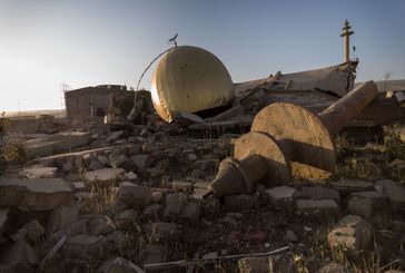 Moschee in Sinjar, Irak, 2014 vom IS zerstört. Die Trümmer wurden mit Sprengfallen versehen. Bild: Handicap International e.V. Fotograf: Florent Vergnes