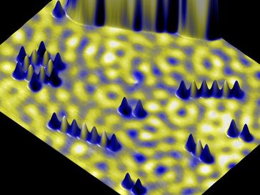 Die Abbildung zeigt die auf einer Kupfer-Oberfläche liegenden Eisen-Atome (Kegel), die zu verschiedenen Ketten- und Kagomé-förmigen Magneten zusammengebaut wurden. Als Werkzeug wurde dafür die atomar scharfe Spitze eines Rastertunnelmikroskops verwendet. Gleichzeitig wird mit dem Rastertunnelmikroskop die magnetische Ausrichtung der Eisenatome ausgelesen; gelbe Färbung der Eisen-Atome entspricht einer Ausrichtung nach oben, blaue Färbung einer Ausrichtung nach unten.
Quelle: © A. A. Khajetoorians, Universität Hamburg (idw)