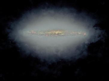 Zusammengesetztes Bild einer von der Seite gesehenen Spiralgalaxie mit ausgedehntem Halo, erzeugt durch Mittelung der Radiohalos aus Beobachtungen von insgesamt 30 verschiedenen Galaxien mit dem VLA.