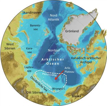 Karte der Arktis. Markiert ist jene Region Ostsibiriens, in der Spuren auf die Existenz urzeitlicher
Quelle: Karte: Frank Niessen/IBCAO, Jakobsson et al. Geophysical Research Letters, doi: 10.1029/2012GL052219. (idw)