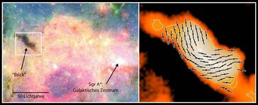 Kosmische Dunkelwolke "Brick" (Ziegelstein) in der Nähe des Galaktischen Zentrums.
Quelle: T. Pillai & J. Kauffmann, auf der Grundlage von GLIMPSE- & MIPSGAL-Bildern vom Spitzer-Satelliten (NASA / JPL–Caltech / Univ. of Wisconsin) und dem Hertz–Empfänger am CSO (J. Dotson) (idw)