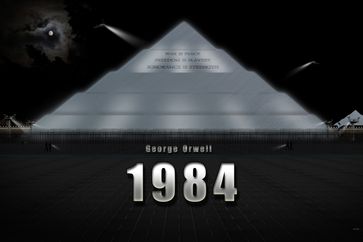 Darstellung des „Ministeriums für Wahrheit“ in „1984“ nach Textangaben als Fotomontage