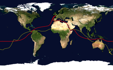 Rot: übliche Route einer Weltumsegelung, wie sie auch von Dekker geplant wird.[3] Gelb: Antipodenpunkt ihrer Route.