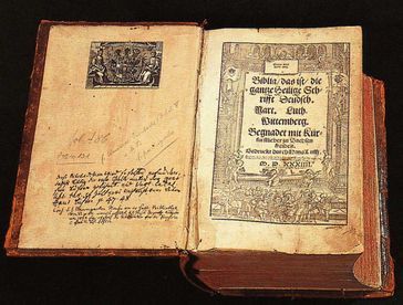 Die erste vollständige Bibelübersetzung von Martin Luther 1534, Druck Hans Lufft in Wittenberg, Titelholzschnitt von Meister MS