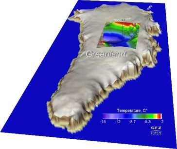Modellierte Temperatur an der Basis des grönländischen Eisschildes, GRIP and GISP2: Lage der Bohrlöcher. Bild: A. Petrunin/GFZ
