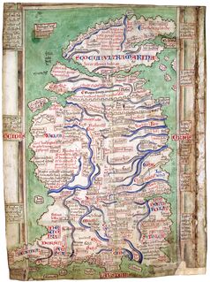 Britannienkarte des Matthew Paris (um 1250), sie zeigt den Hadrianswall als auch den Antoninuswall,[1]British Library, London