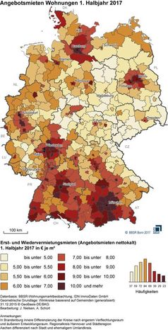 Angebotsmieten im 1. Halbjahr 2017
Quelle: BBSR (idw)